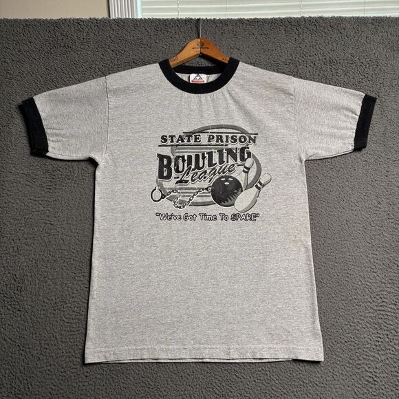 Vintage T-Shirt State Prison Bowling League Ringer Tee Mens Medium Humor - Picture 2 of 11